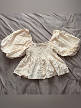 Together Cream Smocked Puff-Sleeve Peplum Crop Top